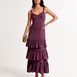 Abercrombie & Fitch Ruffled Tiered Maroon Matte Satin Maxi Dress Tall